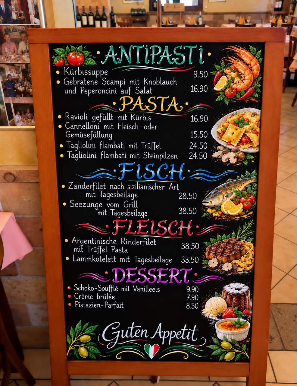 Tageskarte Oktober – Antipasti, Pasta, Fisch, Fleisch und Dessert – Carpe Diem